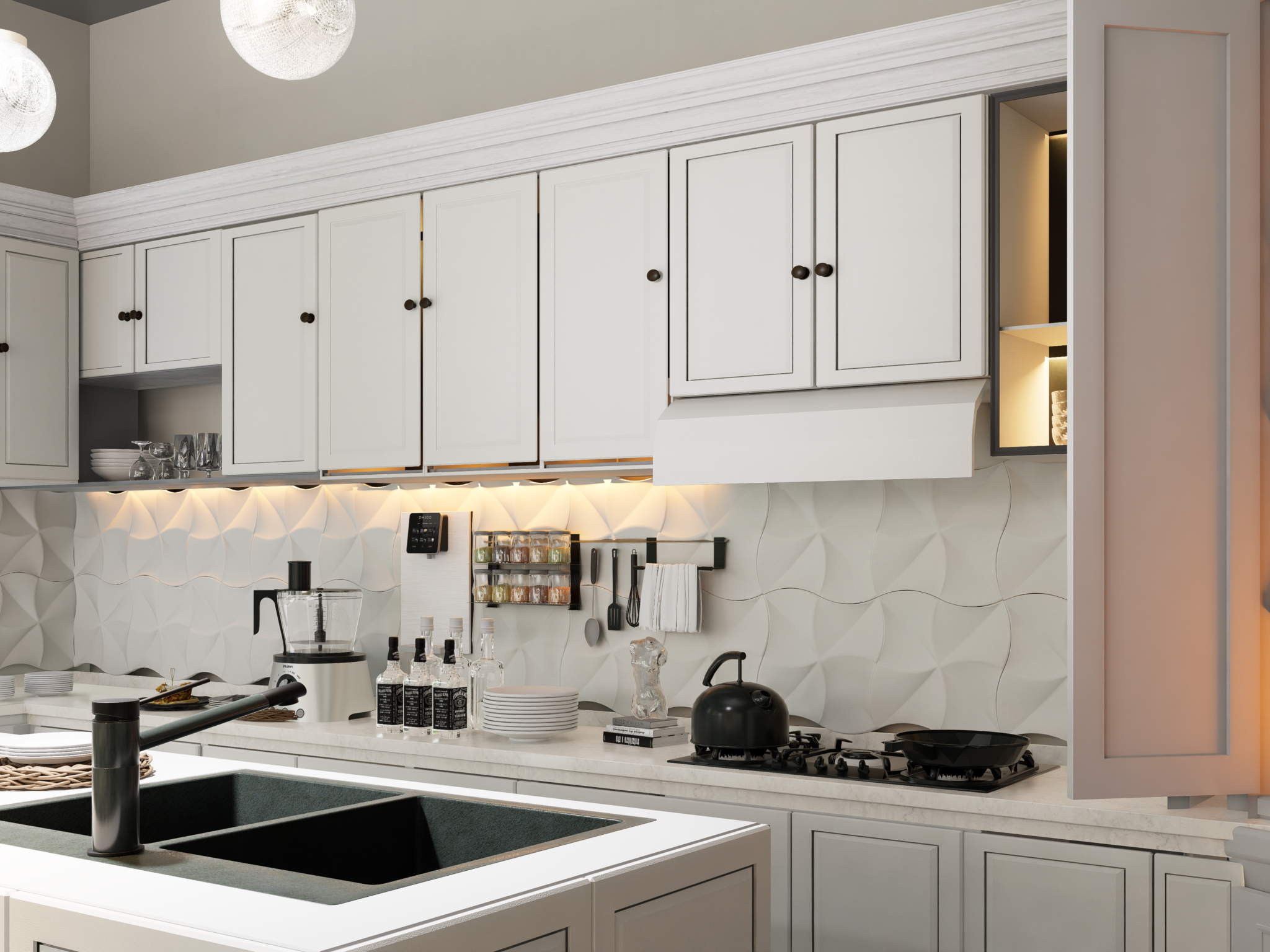 Minimal white kitchen interior with classical detailing