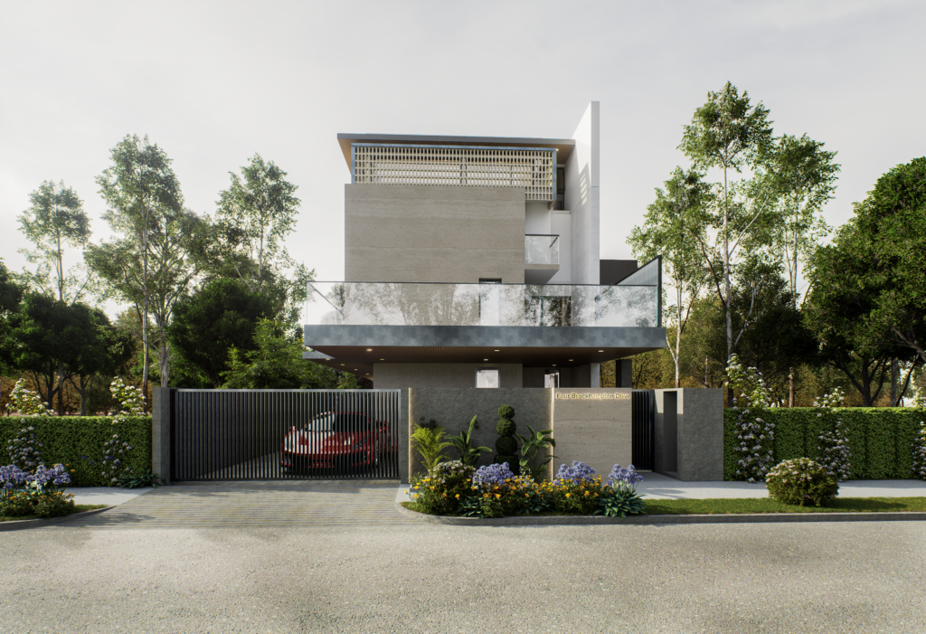 Modern house exterior with cantilevered upper floor and landscaped driveway