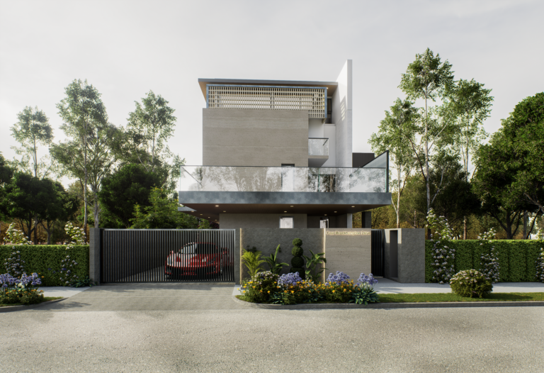 Modern house exterior with cantilevered upper floor and landscaped driveway