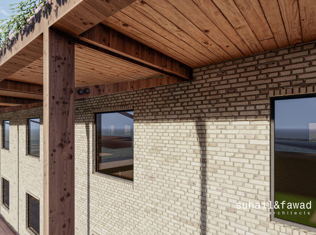 Exterior brick wall and timber-clad ceiling detail of a modern building