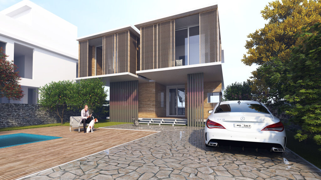 Contemporary villa exterior with vertical timber louvres and paved driveway