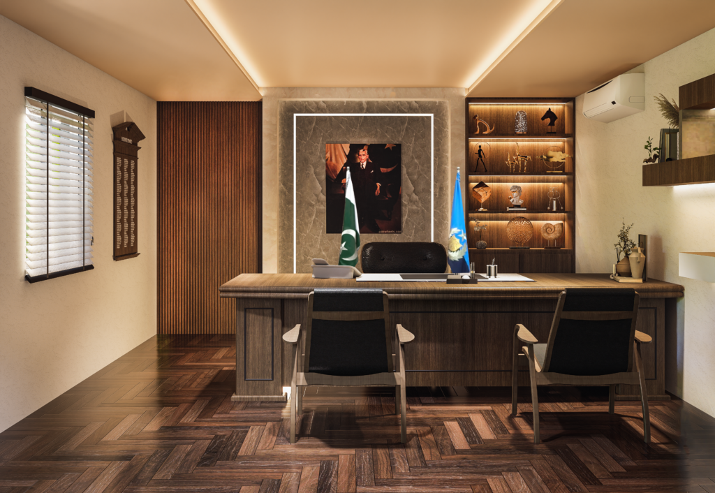 Executive office interior with wooden desk, leather chair and bookshelves