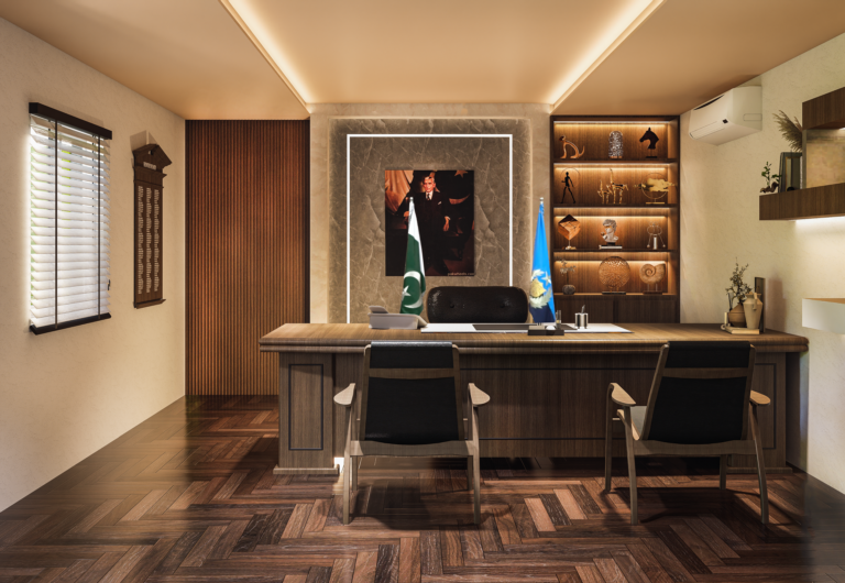Executive office interior with wooden desk, leather chair and bookshelves