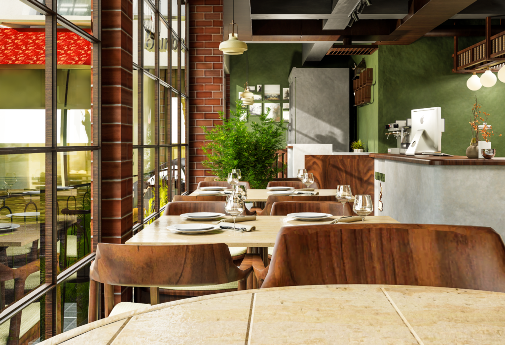 Cafe interior with brick walls, wooden tables and indoor plants