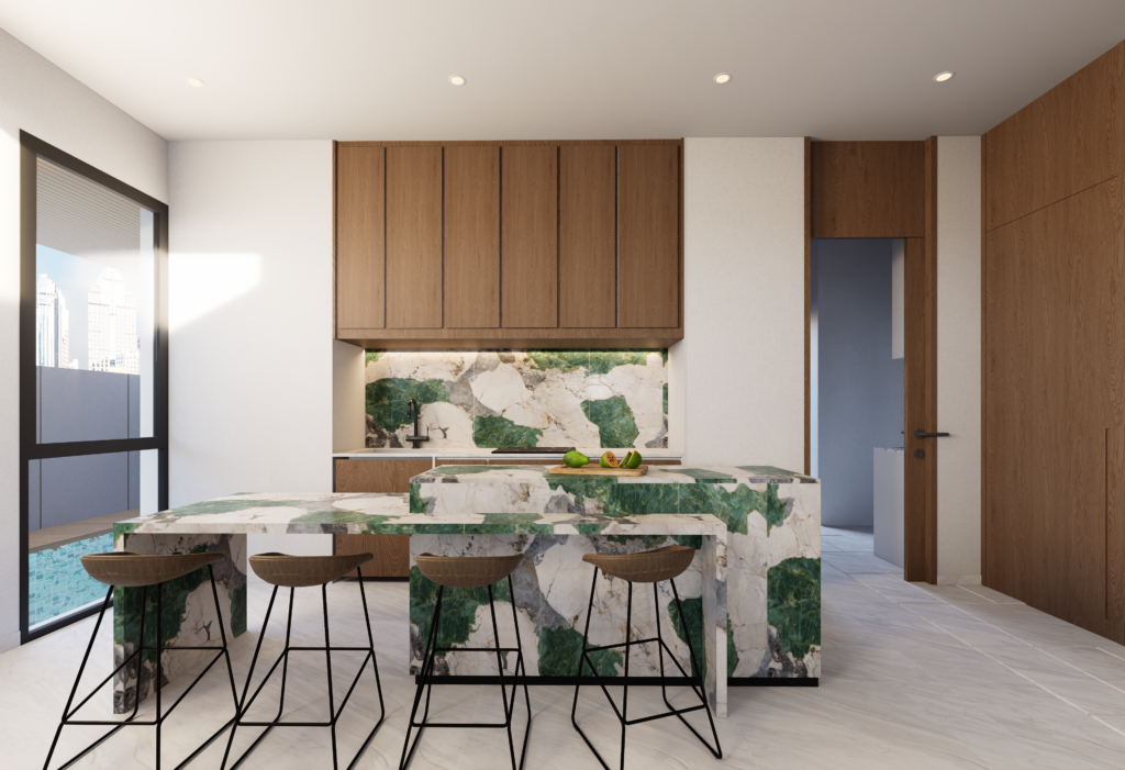 Modern dry kitchen interior with wooden cabinetry and bar stools