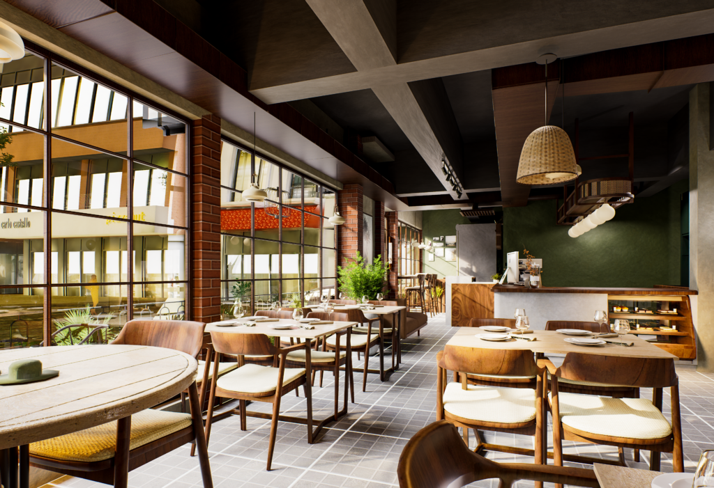 Restaurant interior with exposed ceiling beams and wooden dining furniture