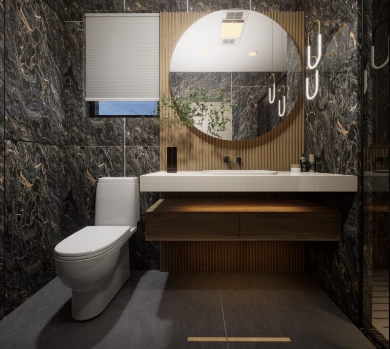 Modern bathroom interior with round mirror, stone wall and wooden vanity