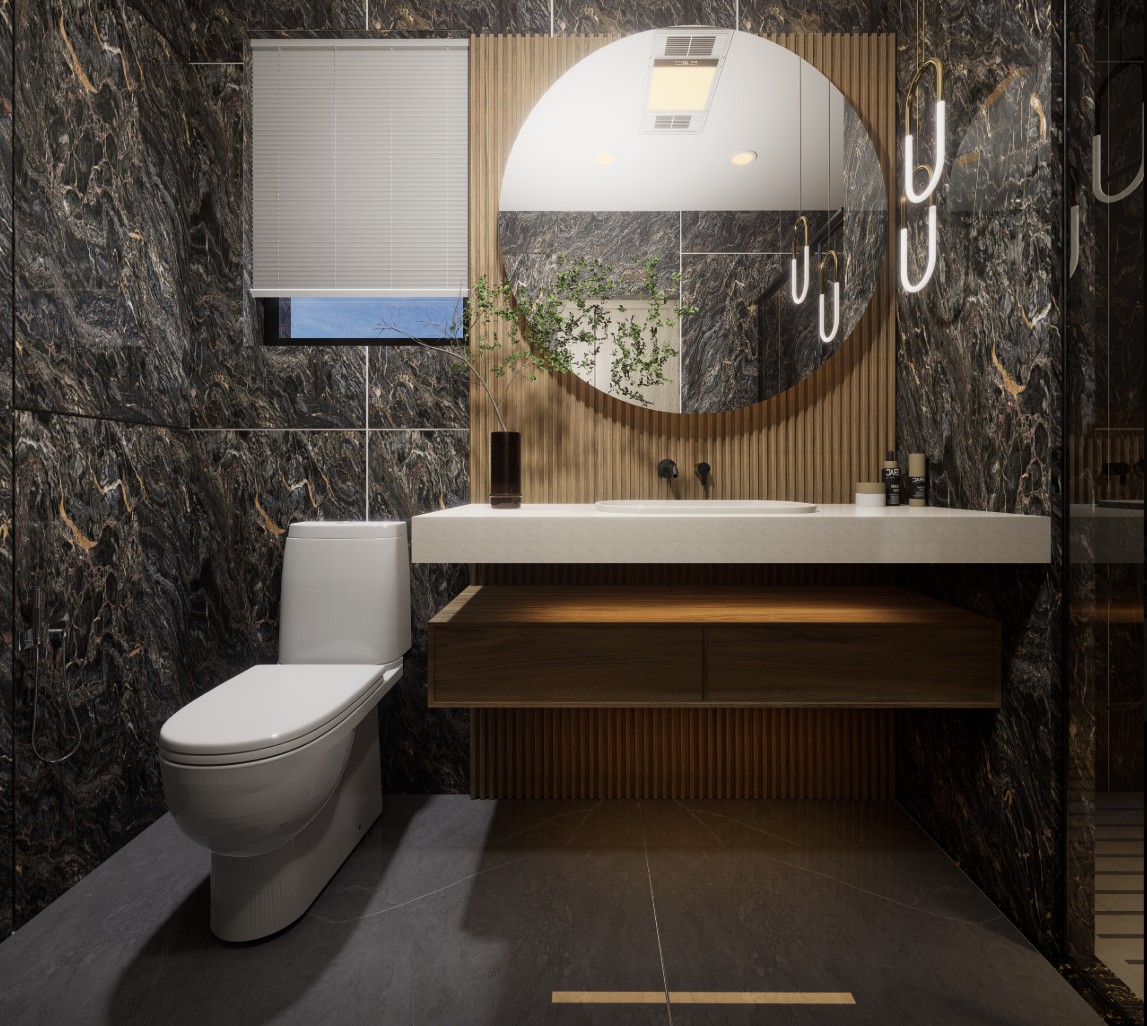 Modern bathroom interior with round mirror, stone wall and wooden vanity