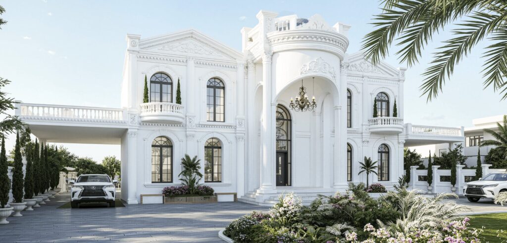 White classical villa facade with arched windows and ornate detailing