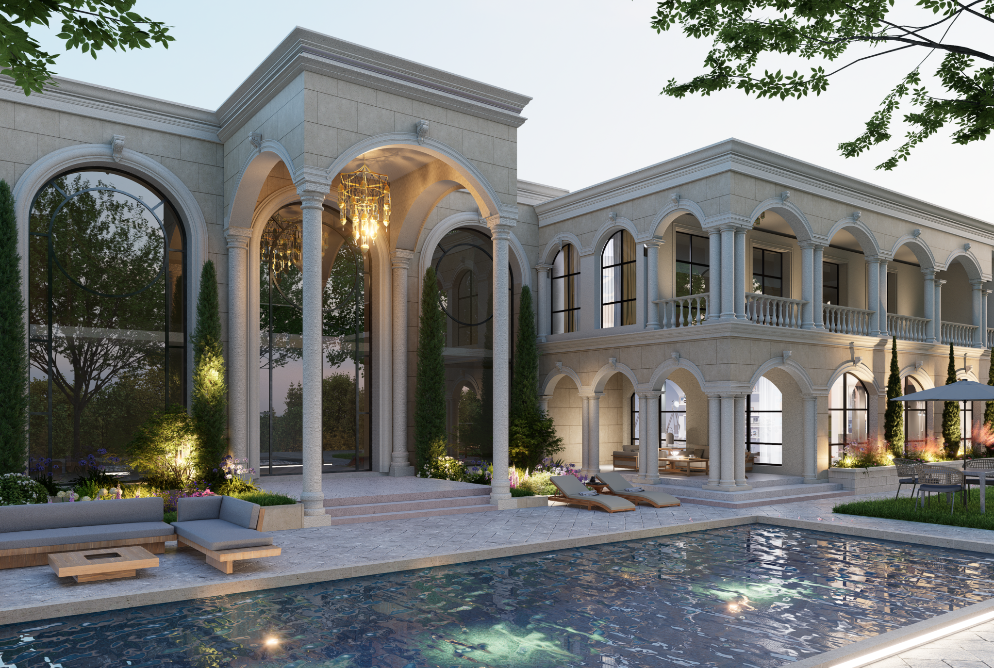Classical stone villa with arched colonnade and pool, exterior render by ANB Architects