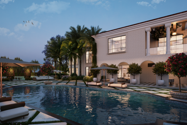 Luxury villa with pool terrace at dusk, exterior render by ANB Architects Islamabad