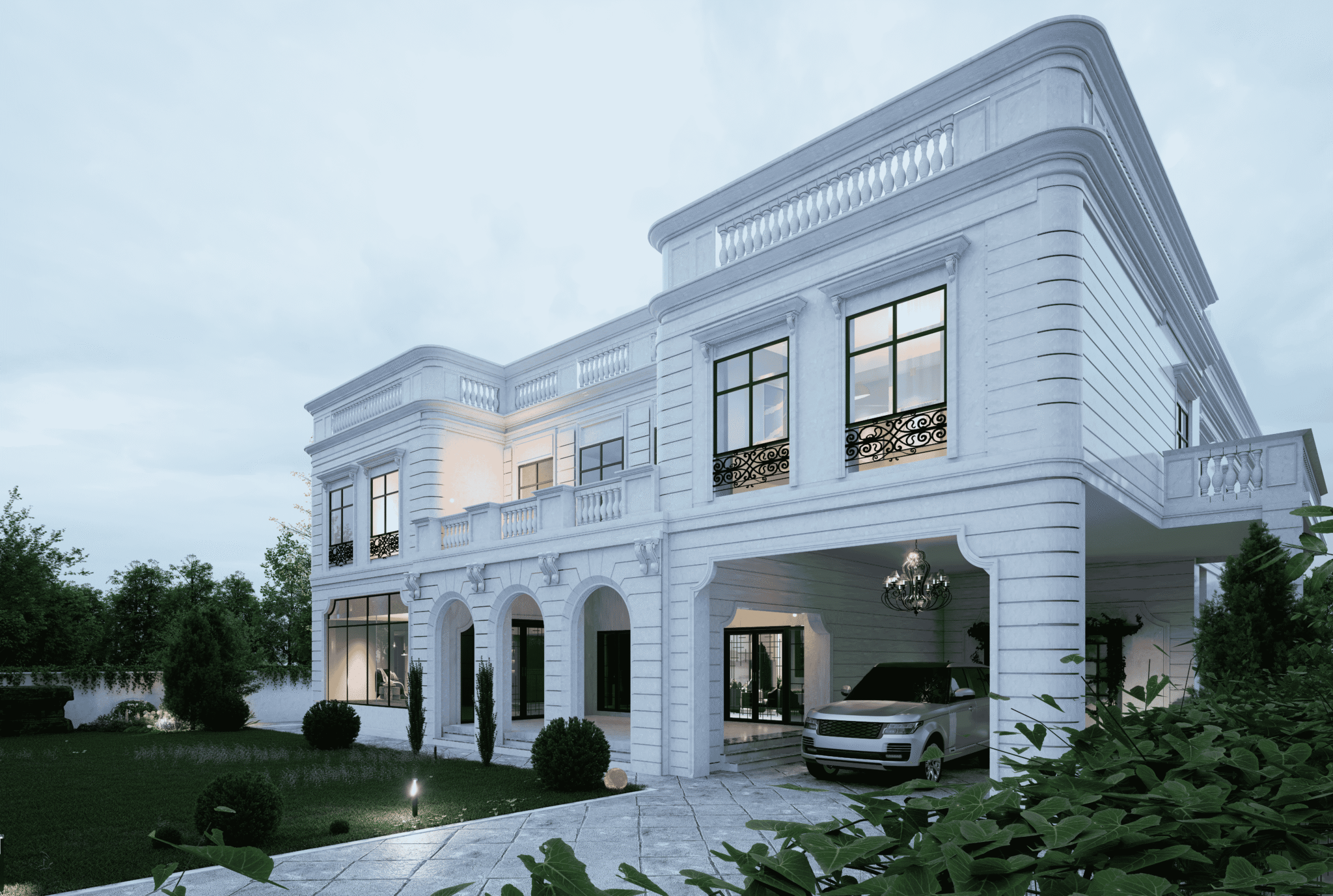 Classical white villa exterior with balconies and porch, render by ANB Architects