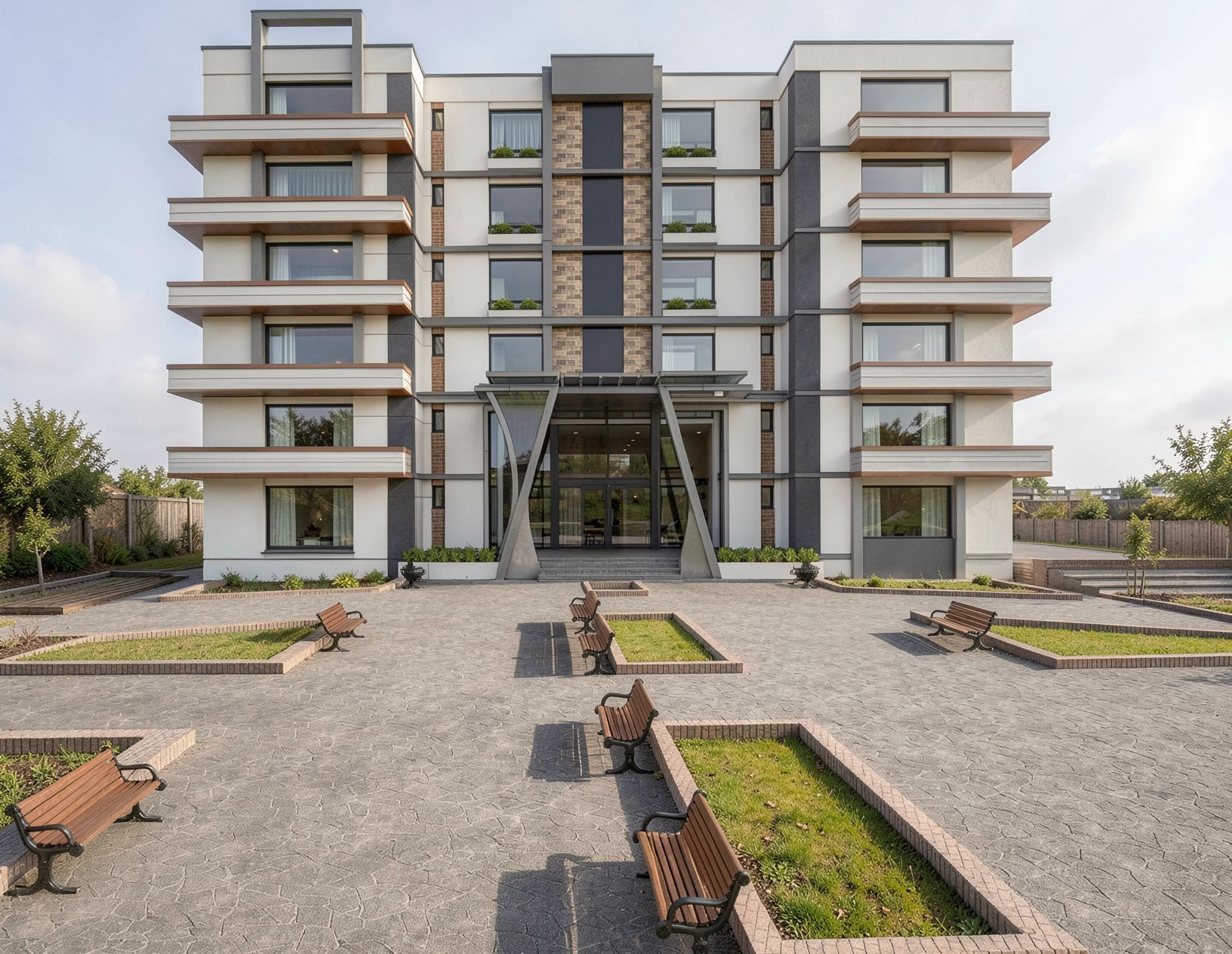 Residential apartment building with landscaped plaza, render by ANB Architects