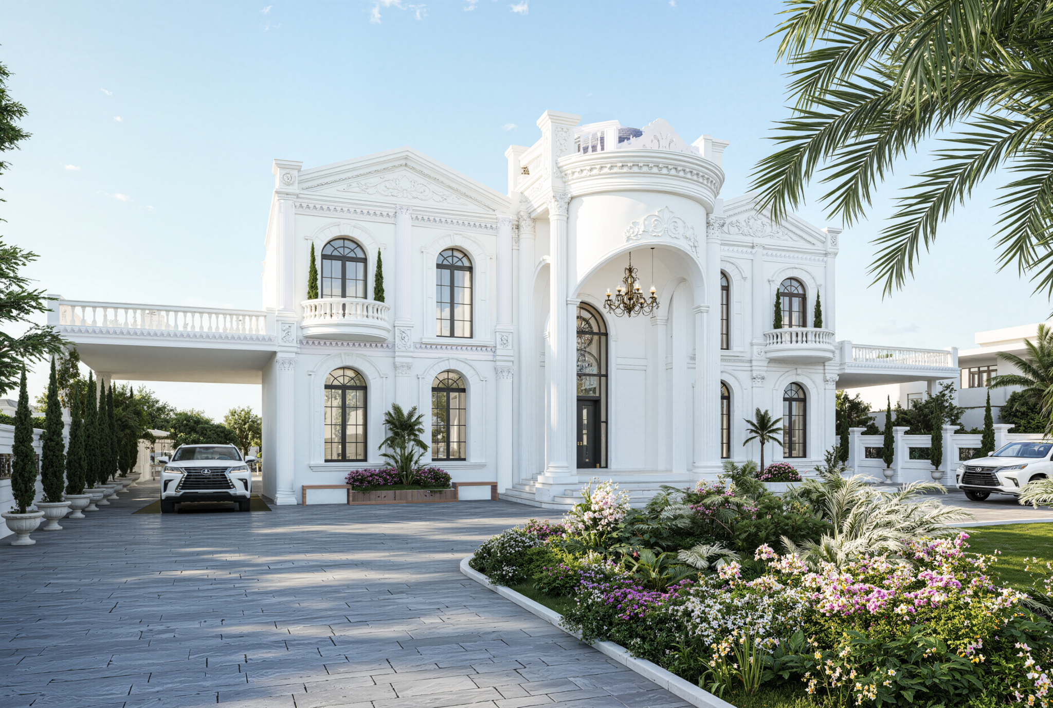 White classical mansion with grand entrance and landscaped driveway, render by ANB Architects