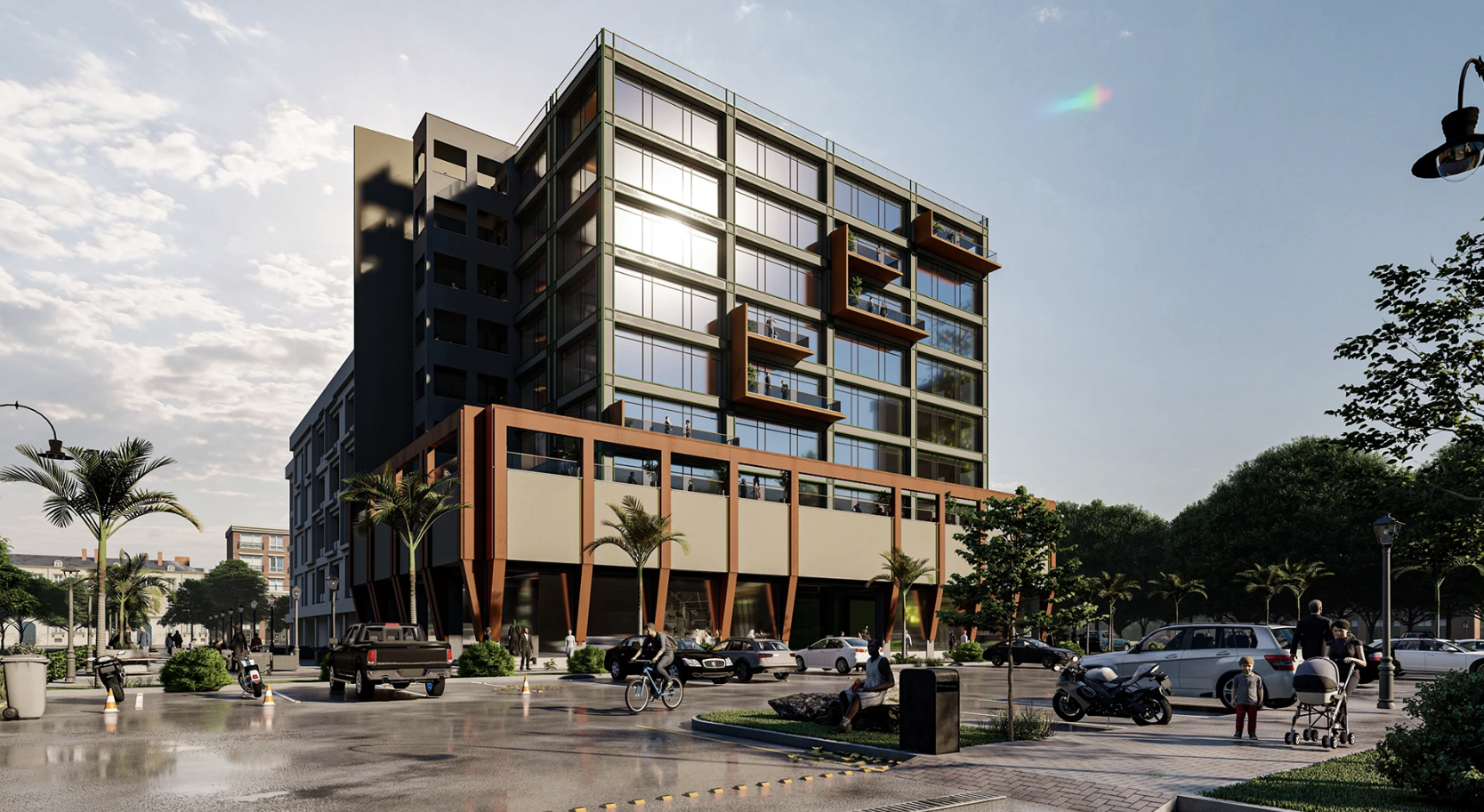 Modern commercial tower exterior, render by ANB Architects
